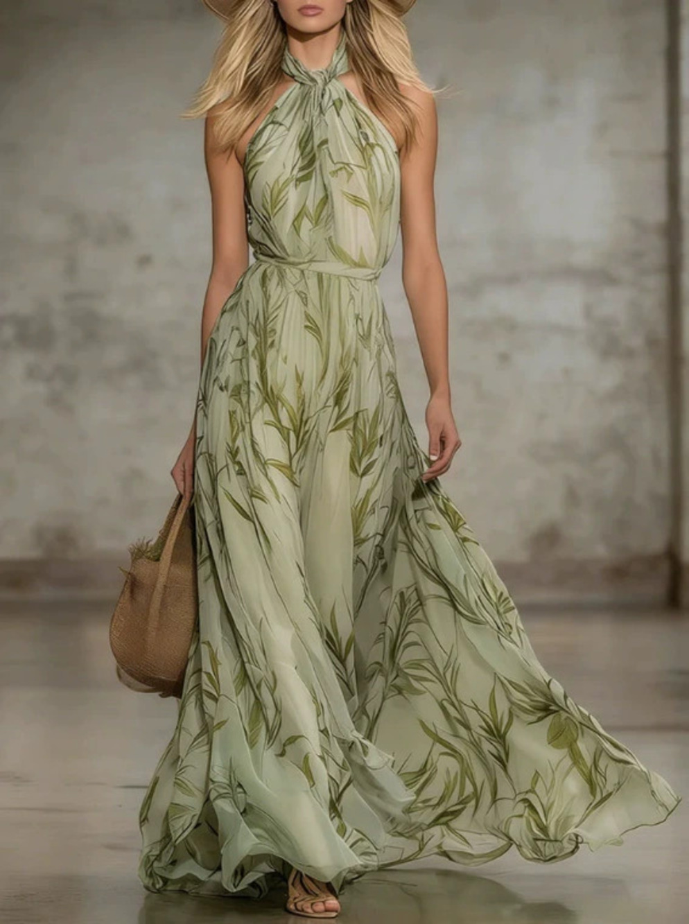 H&M   Womens Elegant Leaf Print Off Shoulder Chiffon Sleeveless Maxi Dress